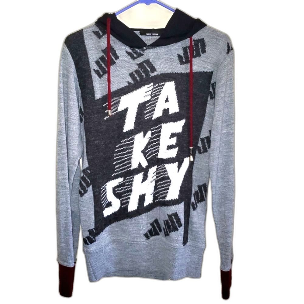 Takeshy Kurosawa Graphic Knit Pullover Hoodie Y2K Japanese Streetwear Gray Black